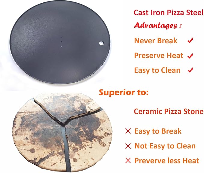 XL Round Pizza Steel 16.9" - 3D Cast Creates Gorgeous Crusts, Enamelled Cast Iron Baking Stone For Oven, Round Griddle, Speed & Even Heating Baking Steel Griddle