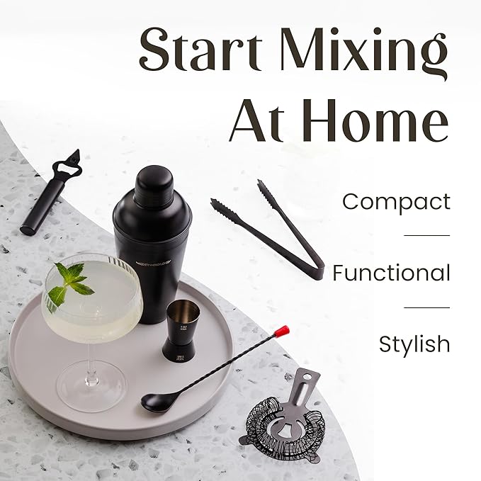 Modern Mixology Cocktail Shaker Set - Bartender Kit with Pine Stand | Leak-Proof Design | Includes Martini Shaker, Jigger, Strainer, Spoon, Tongs | Perfect Bar Tools Gift for Home Mixology (Black)