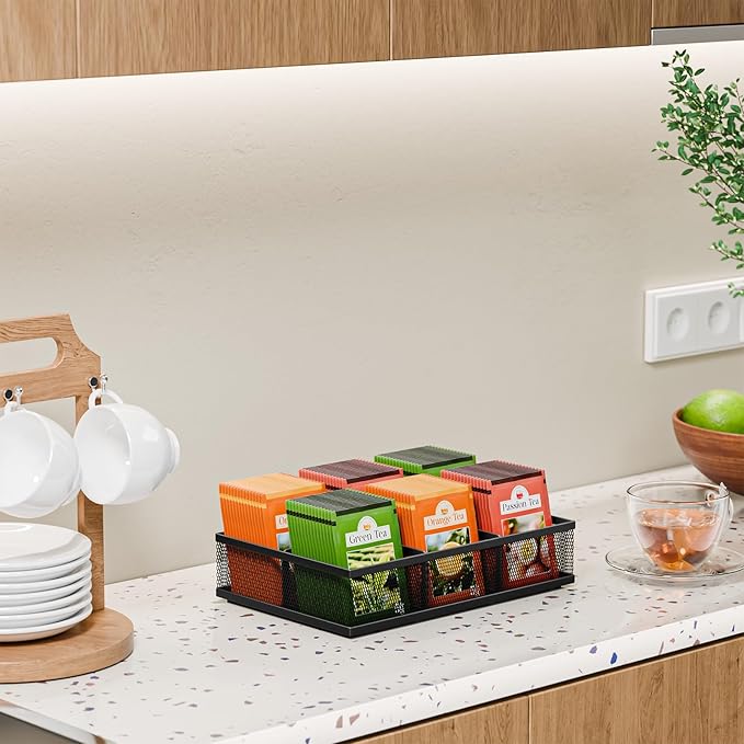 Tea Bag Organizer 6 Grids. Mesh Tea Bag Holder with Handle, Teabag Holder, Tea Station Organizer for Countertop, Pantry, Kitchen, Cabinet - Black
