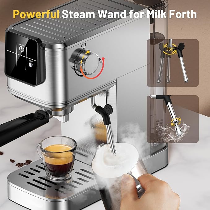 Espresso Machine 20 Bar with Touch Screen, Hot & Iced Coffee Makers, Stainless Steel Espresso Maker with Rapid Cold Brew & Milk Frother Steam Wand, with Water Tank for Latte, Cappuccino, Gift