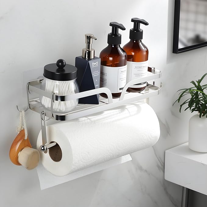 ZUNTO Wall Mount Paper Towel Holder with Shelf, Self Adhesive or Drilling, Stick on Wall Paper Towel Bar Spice Rack for Kitchen, Garage Organizer and Storage, Silver