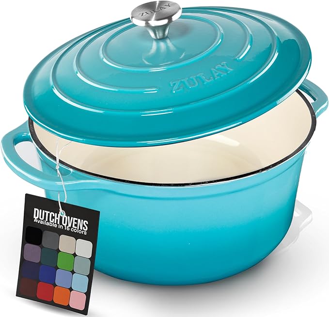 Zulay Kitchen 7.7 Quart Enameled Cast Iron Dutch Oven Pot with Lid – Premium Durability & Oven Safe up to 500°F – Heavy Duty Cookware Perfect for Bread Baking, Stews, Braising & Roasting – Light Blue