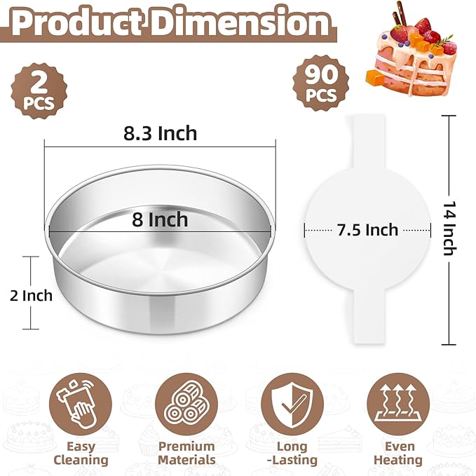 TeamFar 8 Inch Cake Pan Set of 2, Stainless Steel Layer Cake Baking Pans Tins with 90 Pcs Parchment Paper, Round Bakeware for Birthday Wedding, Non-Toxic & Healthy, Mirror Finish & Dishwasher Safe