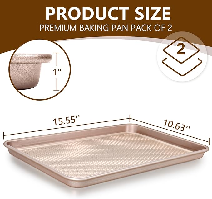 Wildone Baking Sheet Pan Set, Honeycomb Embossed Nonstick Baking Sheet 15x10 In, Thicker Carbon Steel Cookie Sheet, Even Heating Jelly Roll Pan, Rose Gold, 2 Pack