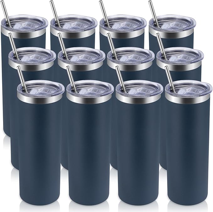 Volhoply 12 Pack Skinny Tumblers with Lid and Straw, 20oz Stainless Steel Straight Tumbler Bulk, Vacuum Insulated Coffee Mug for Home, Office, Travel, DIY (Navy,12 Pack)