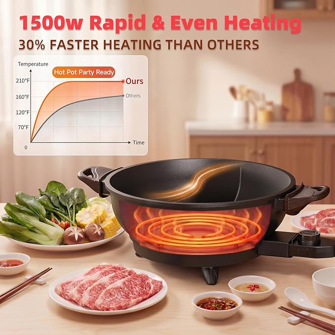 TWIN™ Electric Hot Pot with Divider | PFAS-Free Ceramic Nonstick Pot | EvenHeat Cast Aluminum Body | 1500W Fast Heating | Dual-Flavor Shabu Shabu Pots for Family Use | 1-Yr Warranty