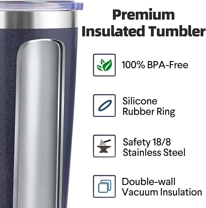 Volhoply 20oz Stainless Steel Tumbler with Lid and Straw Bulk 8 Pack,Double Wall Insulated Travel Iced Coffee Mug Fits Cup Holder,Powder Coated Cups for Hot/Cold Drinks,Christmas Gifts（Navy,8 Set）