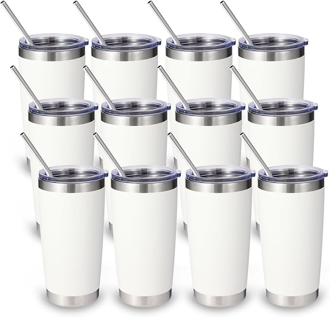 Volhoply 20oz Stainless Steel Tumbler with Lid and Straw Bulk 12 Pack,Double Wall Insulated Travel Iced Coffee Mug Fits Cup Holder,Powder Coated Cups for Hot/Cold Drinks,Christmas Gifts（White,12 Set）