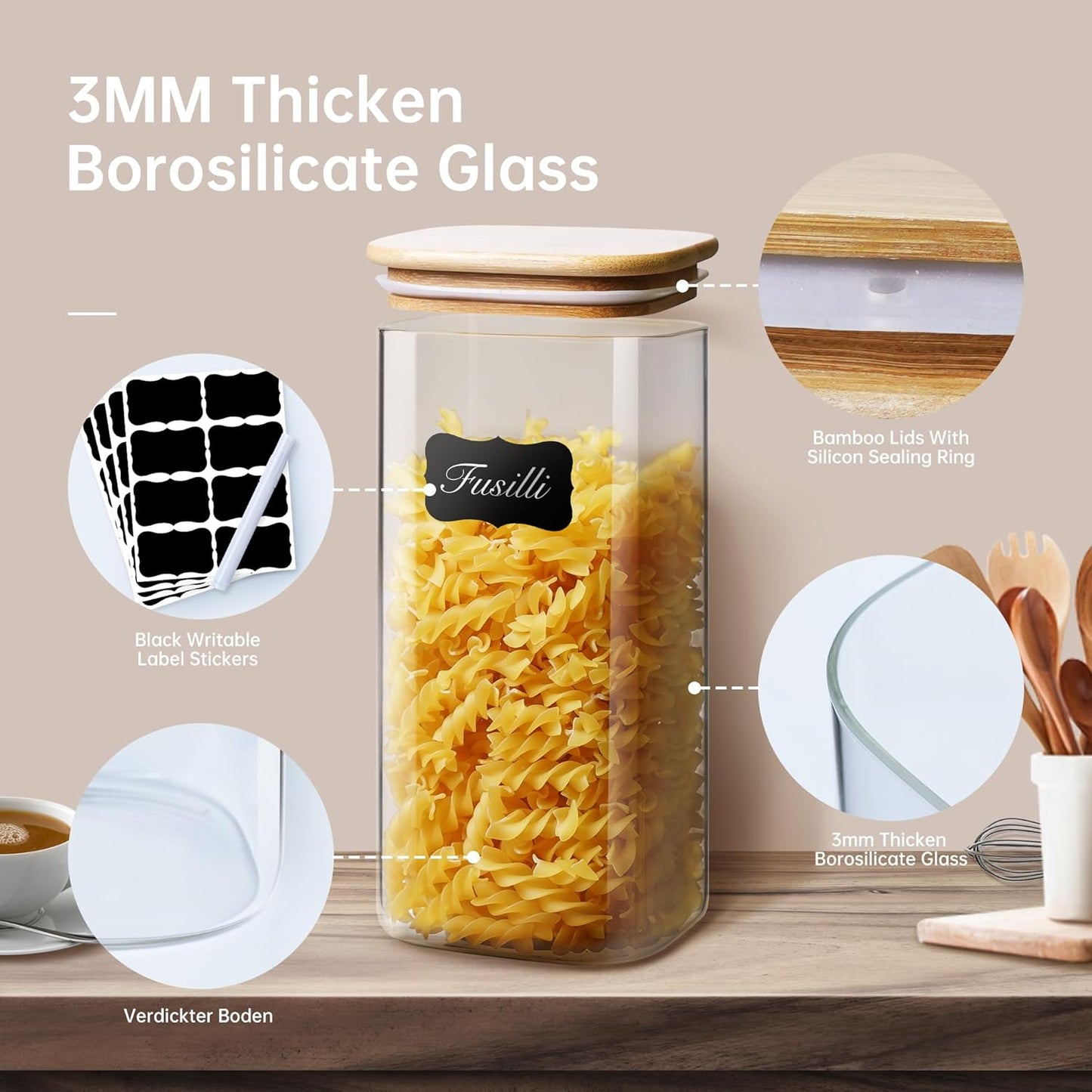 Square Glass Jars with Bamboo Lids 79 FL OZ [Set of 3], Glass Canisters with Airtight Lid, Glass Food Storage Containers for Spaghetti, Fettuccine, Linguine,Pasta, Best for Kitchen & Pantry