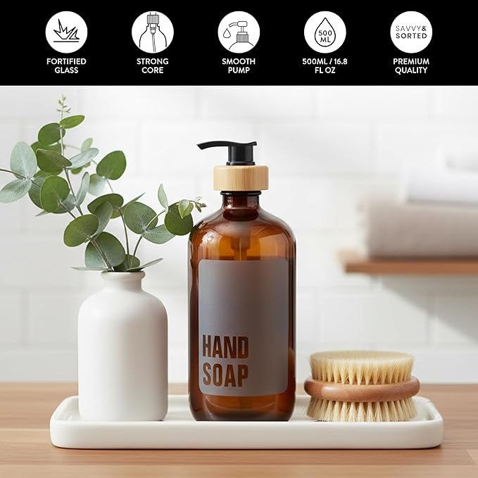 SAVVY & SORTED Amber Glass Hand Soap Dispenser for Bathroom, Kitchen Hand Soap Bottle with Label, Refillable Glass Bottle for Liquid Wash, Matching Dish Soap Dispenser Available, 17 Fl Oz / 500 ml