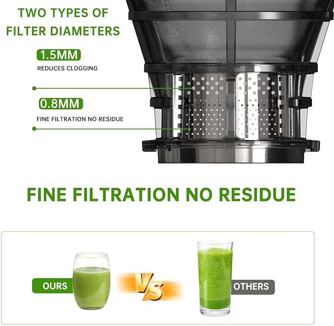 Cold Press Juicer, 92% High Nutrient Retention Slow Masticating Juicer with Wide 4.25" Chute & Reverse Function, Low Heat Oxidation, Easy Clean Quiet Motor, Silver