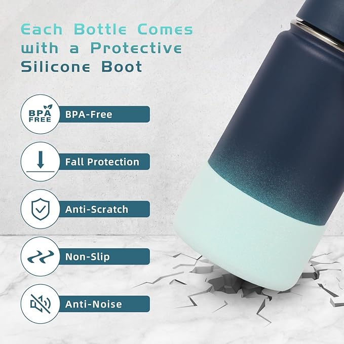 Volhoply 14oz KIds Water Bottle with Straw Lid and Silicone Boot Bulk 6 Pack,Stainless Steel Insulated Bottles for Boys & Girls Multipack,Double Wall Vacuum Leakproof Bottles(Blue Green,6)