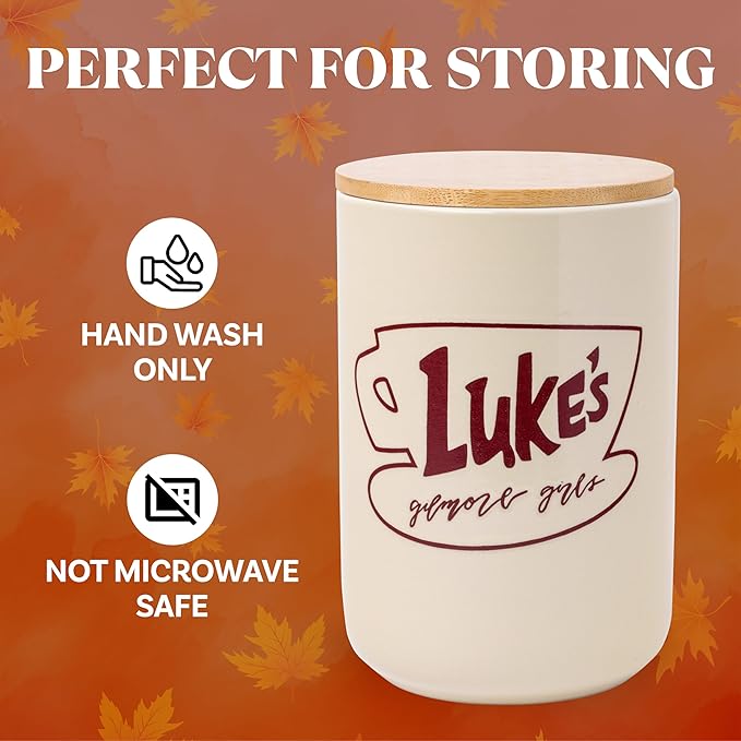 Silver Buffalo Gilmore Girls Wax Resist Ceramic Cookie Jar with Bamboo Lid Featuring Luke’s Cafe Logo, 5” x 5” x 6.5”