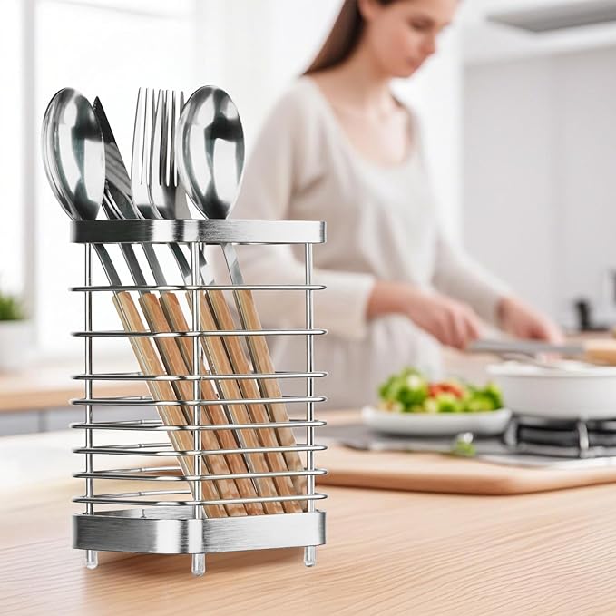 Utensil Holder, Stainless Steel Utensil Drying Rack for Kitchen Counter, Silverware Cutlery Flatware Holder Forks, Knives, Spoons, Chopsticks Organizer (Silver)