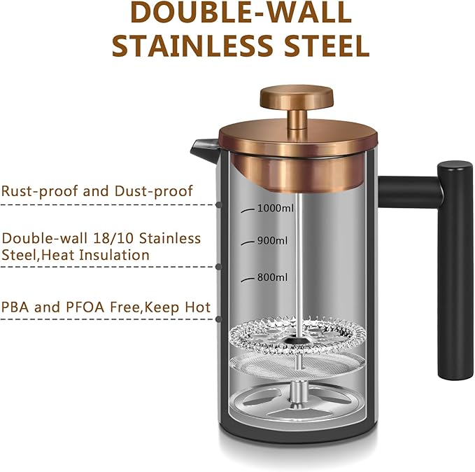 Black Large French Press Coffee Maker 50oz, Double Wall Insulated French Press Stainless Steel,for Coffee&Tea,with 3 Extra Screens and a Coffee Spoon, 50oz/1500ml, Gold