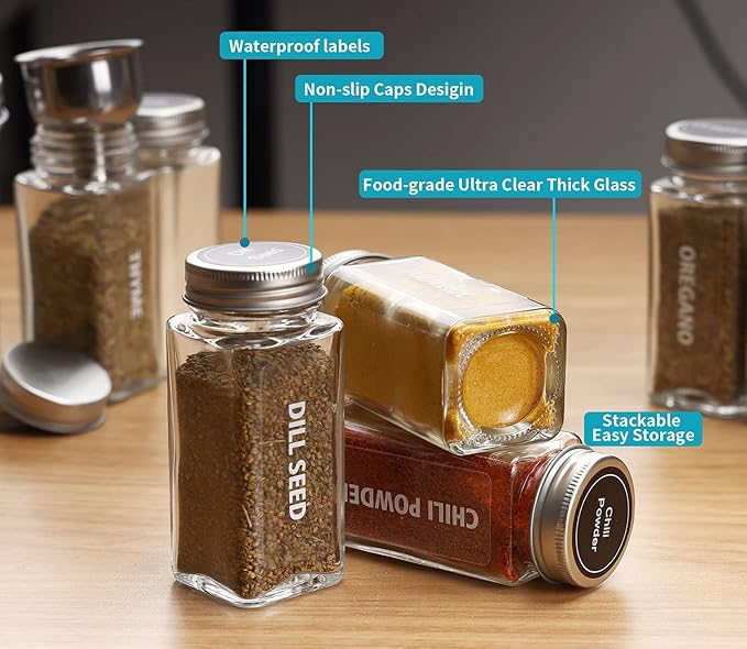 Antimbee 28 Pcs Clear Glass Spice Jars,3.5 oz Glass spice jar with 324 labels, Funnel,Chalk Pen,Shaker Lids and Airtight Metal Caps, Empty Square Spice Bottles for Spice Rack, Cabinet, Drawer