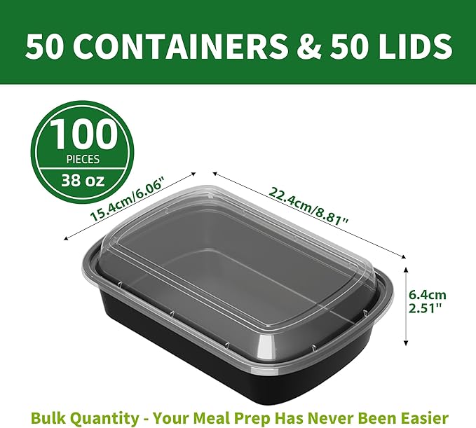 Meal Prep Containers, 50 Pack 38oz (100-Piece) Extra Thick Disposable Take Out Food Storage Containers with Lids, Large Plastic To Go Lunch Boxes, BPA Free, Microwave/Dishwasher/Freezer Safe