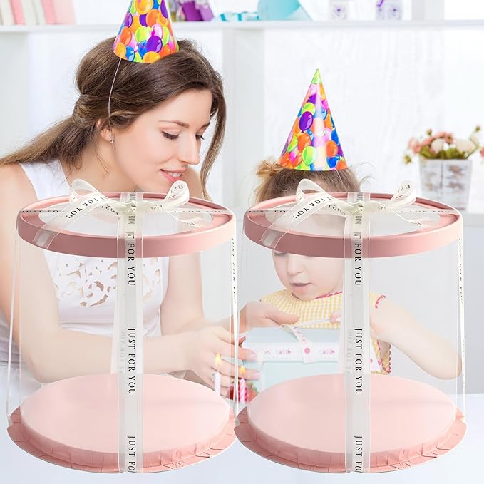 JCD 6Pcs 8.5 * 9.5inch Round clear cake boxes with Ribbon,Ideal for 7inch and 6inch Tall Layer Tiered Cakes,Multi-Layer cake boxes for Christmas Bakery Treat (Pink, Round 8.5inch/6pcs)