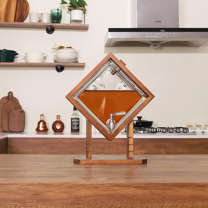 Whiskey Decanter with Wood Stand, Liquor Dispenser for Home Bar and Mancave Decor, Unique Birthday Christmas Gift for Men Dad and Whiskey Lovers, Bourbon Scotch Tequila