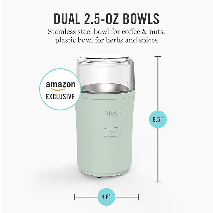 Martha Stewart Electric Coffee & Spice Grinder, Dual 2.5oz Removable Bowls, Storage Lids, Stainless Steel Blades, One Touch Pulse Control, 2-in-1 Compact, Beans & Spices, Herbs & Nuts, Honeydew Green