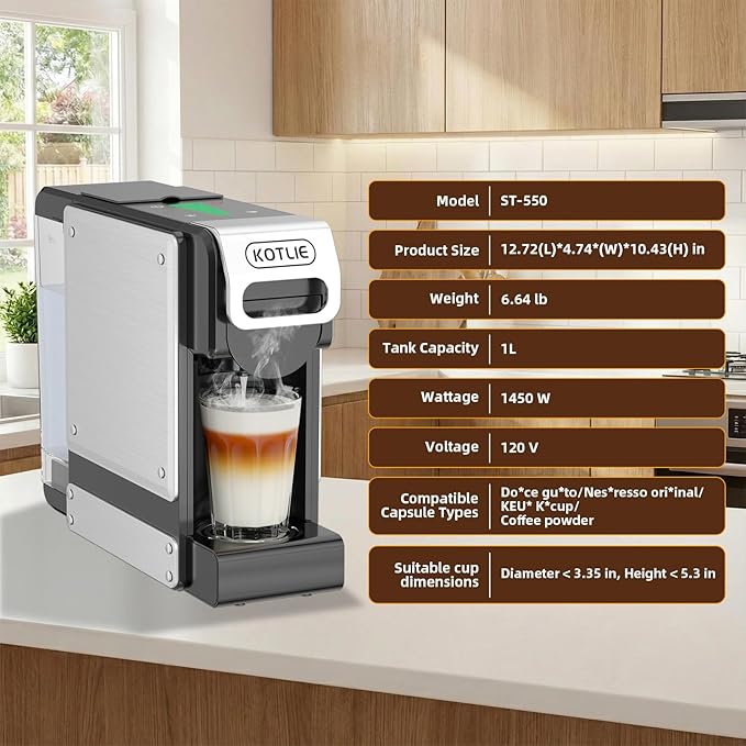 KOTLIE Single Service Coffee Maker for K*cup/Dol*e Gu*to/Ne*presso Original and Ground Coffe,34 oz,7 Water Levels,Compact Coffee Maker,ST-550 (Black)