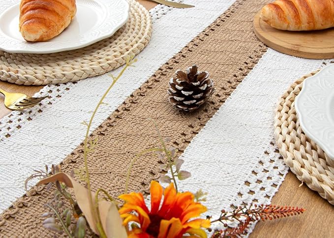 FEXIA Boho Table Runner for Home Decor with Out Tassels 90 Inches Long Farmhouse Rustic Table Runner Macrame Burlap Table Decoration for Living Room Bridal Shower(12x90 Inches)