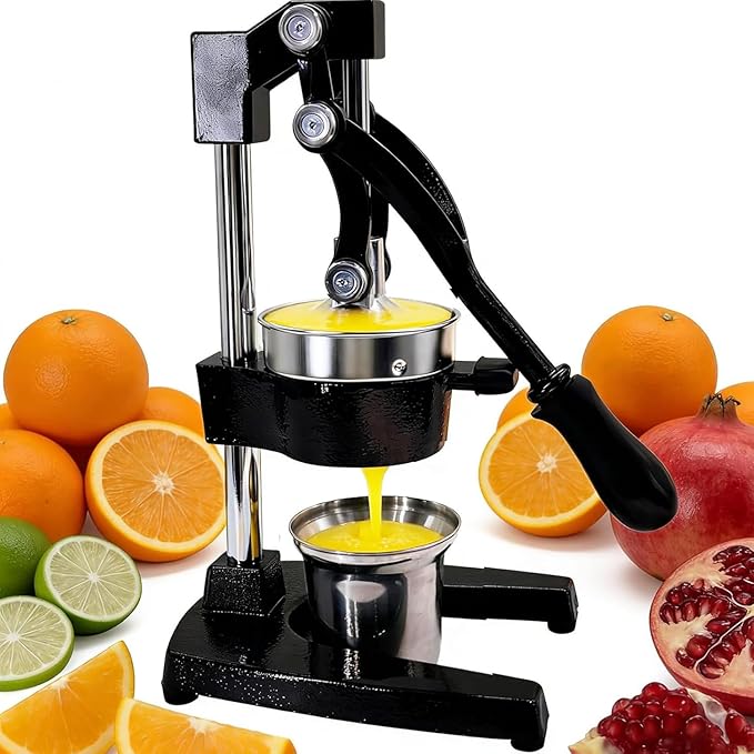 Commercial Heavy Duty Manual Citrus Juicer Press - Professional Cast Iron Hand Orange Squeezer with 304 Stainless Steel Strainer & Cup - Fruit Extractor for Pomegranate, Lemon, Lime - Black