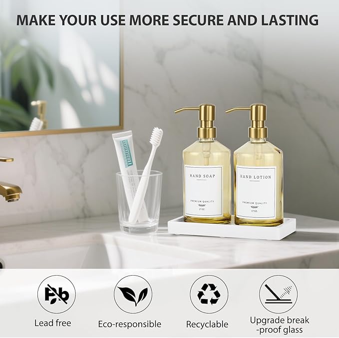 Dish Soap Dispenser for Kitchen, Glass Kitchen Soap Dispenser Set with Stainless Steel Pump, Modern Farmhouse Bathroom Decor & Accessories (Yellow Bottle/Gold Pump)