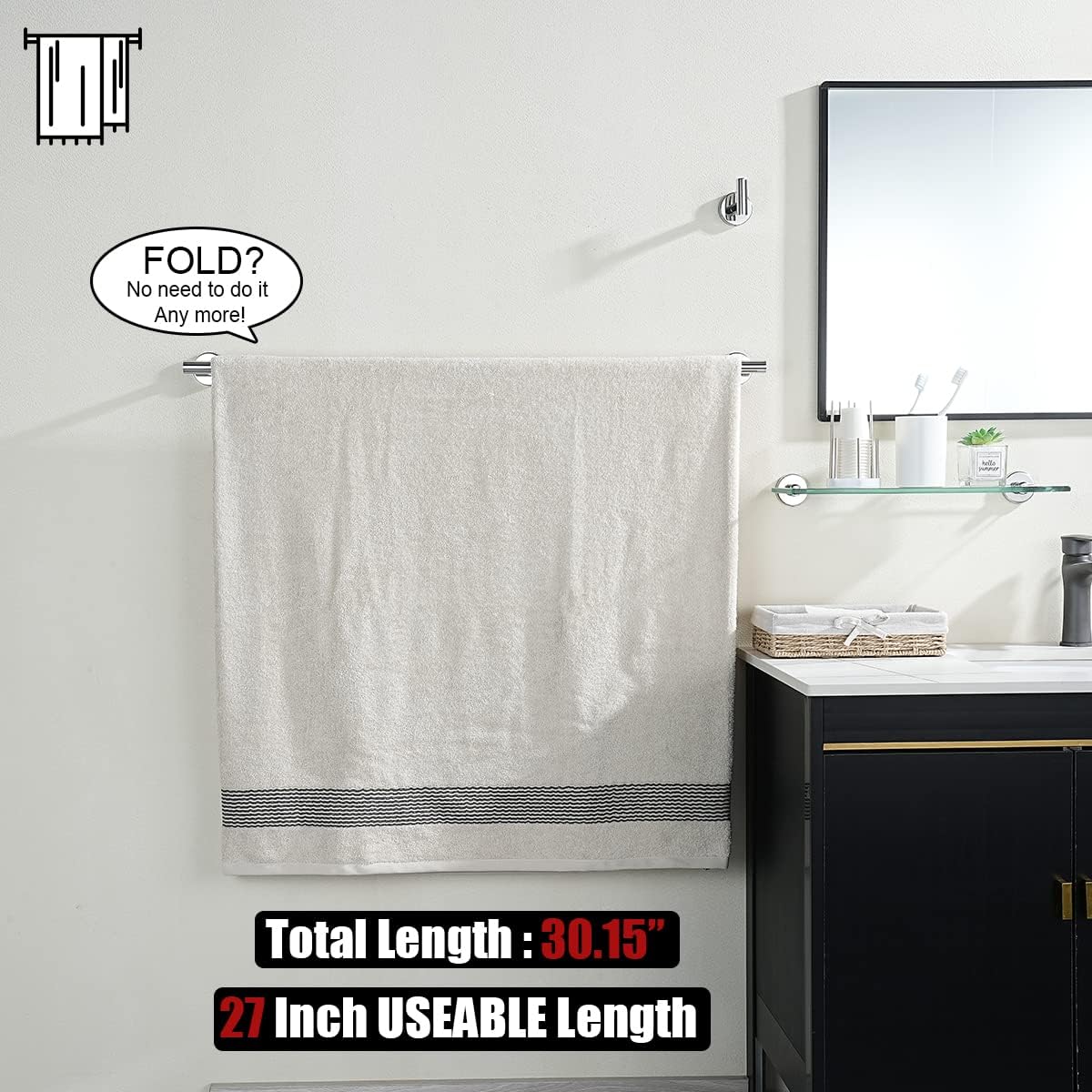 JQK Chrome Bath Towel Bar, 30 Inch 304 Stainless Steel Thicken 0.8mm Towel Rack Bathroom, Towel Holder Polished Finished Wall Mount, Useable Length 27 Inch, TB110L27-CH