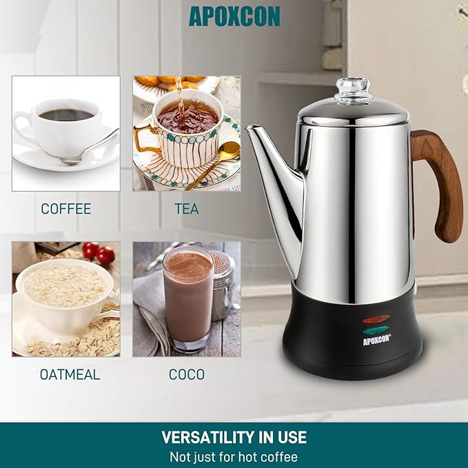 APOXCON Electric Coffee Percolator Stainless Steel Coffee Pot with Two Tough Glass Clear Brew Progress Knob & Treated Solid Wood Handle & On/OFF Switch Auto Keep Warm Cordless Serve (8 Cup)
