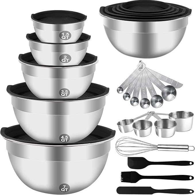 WEPSEN Mixing Bowls Set, 25PCS Stainless Steel Mixing Bowl with Lid Set, Large Nesting Bowls 7, 4.5, 3,2, 1.5QT, Measuring Cups and Spoons Baking Utensils Metal Bowl for Kitchen Prep
