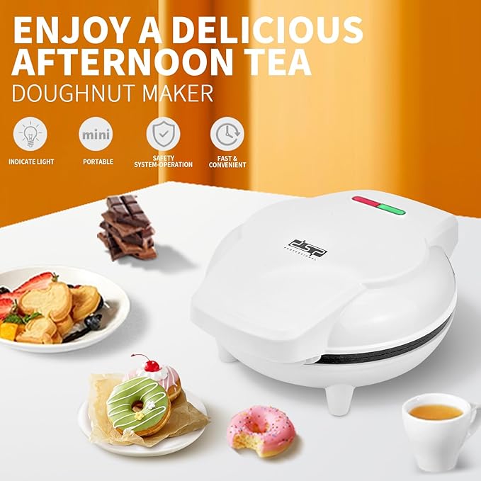 DSP Mini Donut Maker - Non-Stick, Cool Touch Electric Doughnut Machine for Mini Donuts - Perfect for Breakfast, Snacks & Desserts (White, 7 Donuts)
