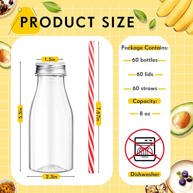 Yinkin 60 Sets Plastic Milk Bottles with Straws Lids Clear Plastic Containers for Dairy Milk Party Bottle for Juices Shakes Smoothies (8 oz,Red,White)