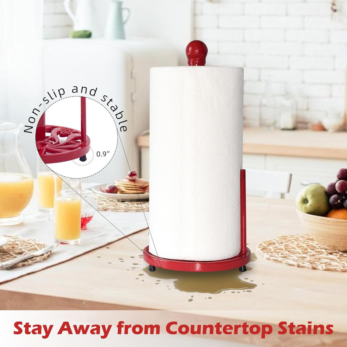 Vintage Paper Towel Holder Countertop - Cast Iron Standing Roll Paper Towel Dispenser with Elegant and Heavy Daffodil Pattern Base for Kitchen Décor, Red