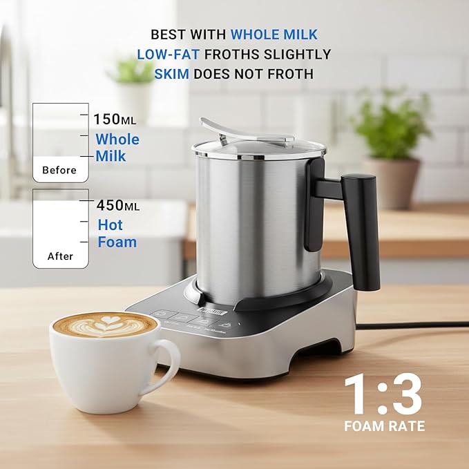 4-in-1 Electric Milk Frother and Steamer, 400ml(13.5oz) Stainless Steel Pitcher with Auto Shut-Off, Hot & Cold Foam Maker and Milk Warmer for Lattes, Cappuccinos, Macchiato, Dishwasher Safe
