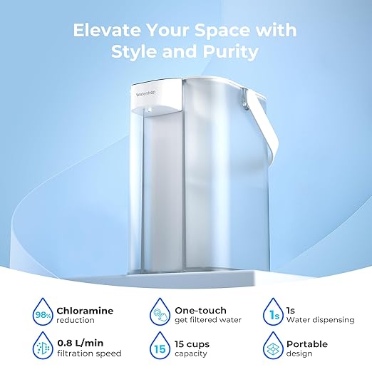 Waterdrop EDC01W Electric Water Filter Pitcher, 98% Chloramine Reduction, Rechargeable Water Dispenser, Instant 200-Gallon 15-Cup Countertop Purifier, NSF/ANSI 42, Reduce PFOA/PFOS, Lead, White