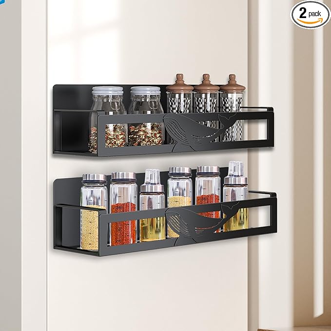 Magnetic Spice Rack for Refrigerator, 2 Pack Metal Magnetic Shelf Organizer for Fridge Side, Strong Spice Storage Rack for Kitchen, Black