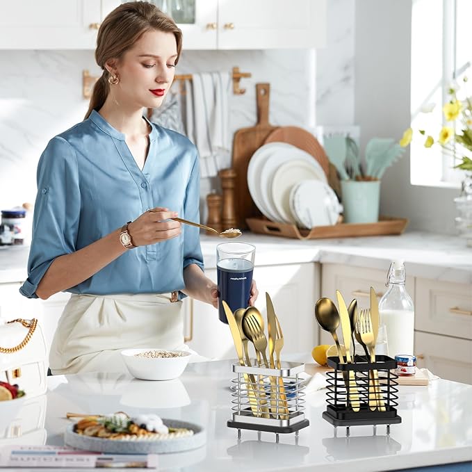 Utensil Holder for Kitchen Counter, Small Stainless Steel Cutlery Holder Organizer with Drying Diatomaceous Earth Base, 2 Slots Utensil Drying Rack Spoon Fork Organizer Crock Storage, Sliver