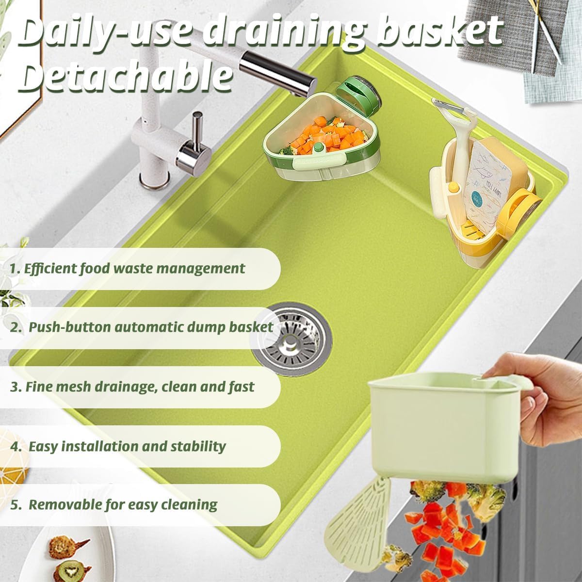 Suction Cup Sink Corner Rack, 2025 Upgraded Self-Cleaning Sink Strainer Basket, Removable Food Waste Catcher with Drain Hole, Say Goodbye to Gross Food Scraps and Smelly Sinks (2*Yellow)