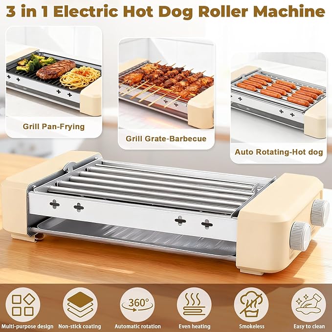 Electric Hot Dog Roller 3 in 1 Indoor Grills Portable with Non-stick & Smokeless Removable Grill & BBQ Griddle Plate, Stainless Sausage Grill Cooker Machine Fits 9 Sausage for Family Party