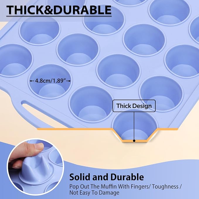 Mini Silicone Muffin Pan with Metal Frame, Non Stick Silicone Cupcake Pan with Handles 24 Cup, BPA Free Silicon Muffin Tin Tray Small for baking, egg bites, Cupcake Mold Blue