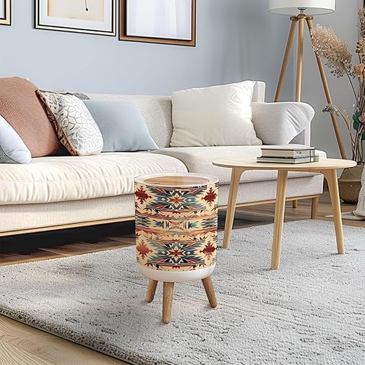 Trash Can with Lid Native pattern american tribal indian ornament pattern geometric Press Top Round Small Garbage Bin with Wooden Legs Waste Basket for Kitchen Bedroom Nursery 7L/1.8 Gallon