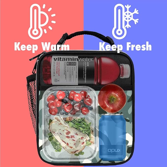 opux Premium Insulated Lunch Box, Soft School Lunch Bag for Kids Boys Girls, Leakproof Small Lunch Pail Men Women Work, Reusable Compact Cooler Tote Lunchbox for Office Adult, Camo Green