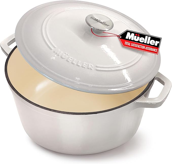 MUELLER HOME 4.5 QT Enameled Cast Iron Dutch Oven, Heavy-Duty Casserole Dish and Braiser Pan with Lid and Stainless Knob, Oven-Safe up to 500° F & Across All Cooktops, Oyster White
