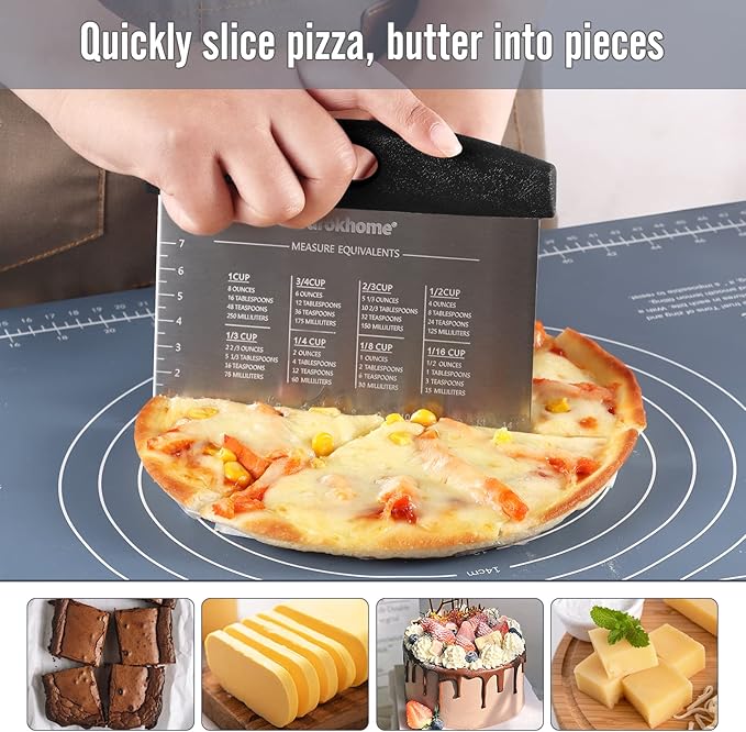 Silicone Baking Mat and Pastry Scraper, Ourokhome Dough Kneading Mat with Measurement and Conversion Chart, Ourokhome Stainless Steel Pizza Cutter for Kitchen Baking