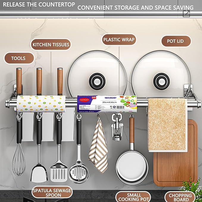 Hanging Wall Mount knife Wall Mount, Kitchen Organizer Storage Shelf for Utensils Spatula Spoon, Space-Saving Knife Rack with Hooks,Wall-Mounted Utensil Holder (Black, 50CM+Single Pole+8Hooks)