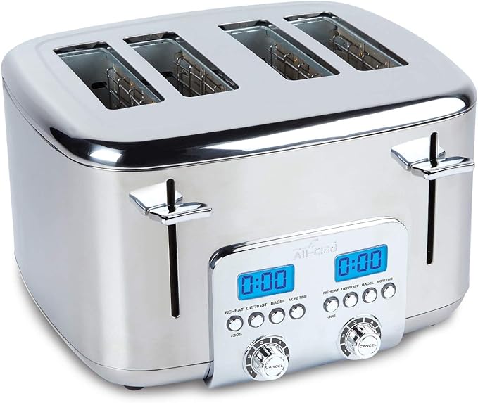 All-Clad Electric Stainless Steel Toaster, 4-Slice, LED Display, Removable Crumb Tray, Internal Cord Storage, 6 Browning Levels, Wide and Self-Centering Slots, Waffles, Bagels, Bread, Silver