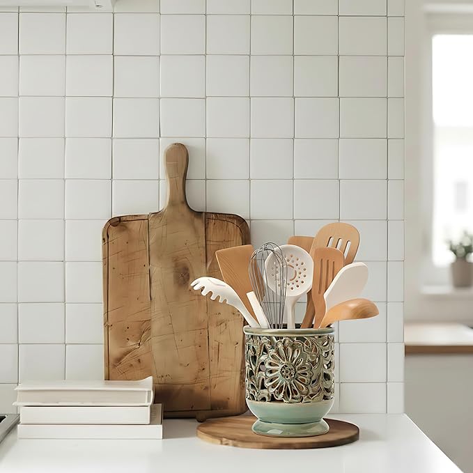 Farmhouse Kitchen Utensil Holder for Countertop, Ceramic Large Cooking Utensil Crock with Cork Mat, Decorative Rustic Utensil Holder for Kitchen Counter, Hollow Carving Flower, Blue