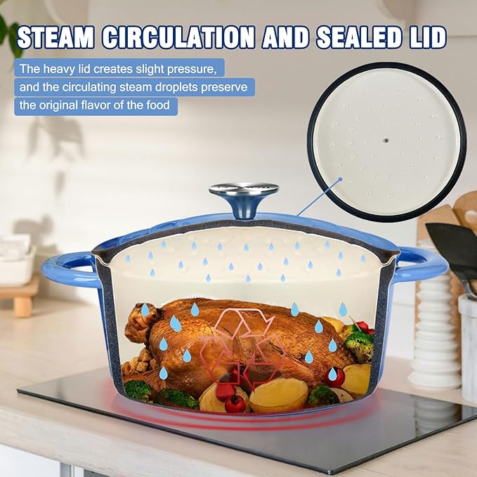 4.5QT Enameled Cast Iron Dutch Oven with Lid, Heavy-Duty and Dual Handles Cookware Round Pot, Oven Safe up to 500° F for Baking, Braising, Cooking and Roasting, Blue
