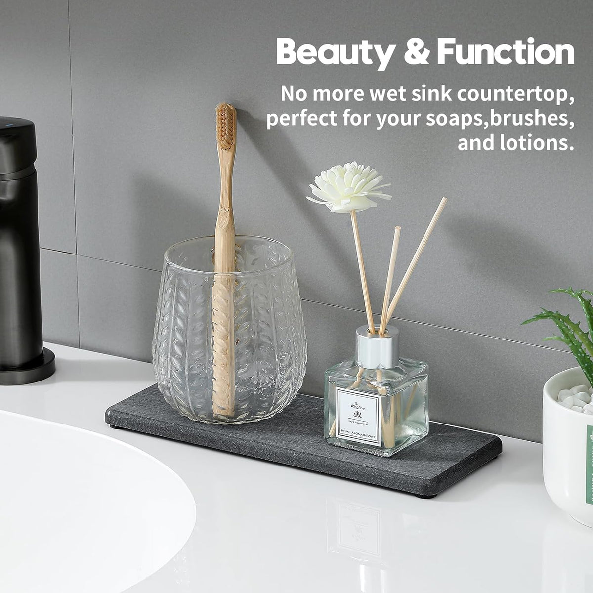 2PCS Bathroom Trays, Water Absorbing Diatomite Stone Quick Drying Mat for Kitchen Counter, Dish Rack Soap Dispenser Sponge Holder Caddy Sink Vanity Organizer, Dark Gray Slate,9"x3.5"